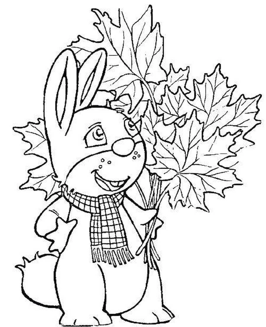 Coloring page bunny with autumn leaves